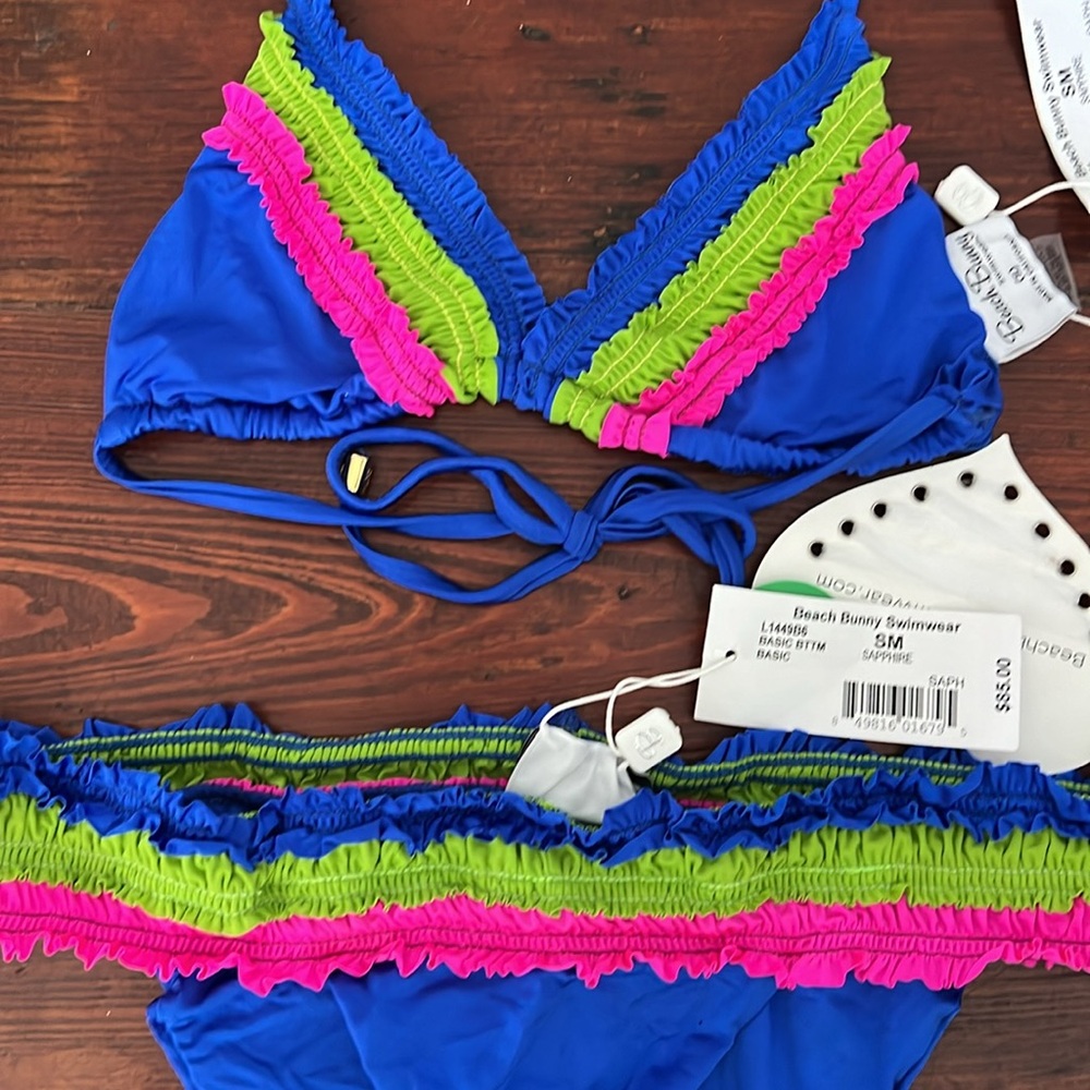 Adorable Blue with Green and Pink Ruffles Bikini Gold Hardware NWT S - Picture 2 of 12